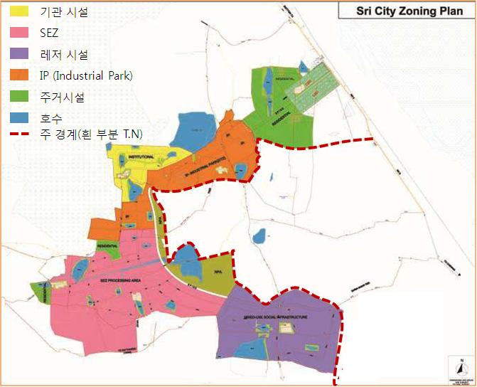 스리시티산업단지의부지조성계획도는 [ 그림 5-24] 와같다. 부지내에 는주거, 레저, 기관, SEZ, Industrial Park 등이있으며타밀나두주와의 경계지역에위치하고있다. 그림 5-24. 스리시티산업단지부지조성레이아웃 자료 : 스리시티, 필자가재구성함. 스리시티의분양형태는 99년영구임대형식이며, 현재약 20% 의입주율을보이고있다.