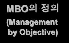 2. MBO 정의 MBO 의정의 (Management by Objective) 조직구성원이상사와의합의를통하여일정기간수행해야할목표를설정하고, 자율적으로 업무를수행한후그목표달성정도를객관적으로평가하는제도 목표관리제도 (MBO) Process MBO 는직무성과향상과개인의능력개발을위해목표를설정하고,