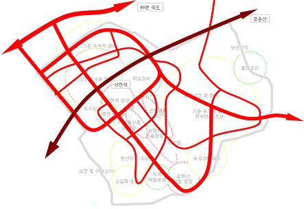 환경규제지역의에코시티모델기본안내서 가평군상천역세권은보행자중심의동선으로설계하였으며주요지점간의거리 를최소화할수있도록계획함 그림 22.