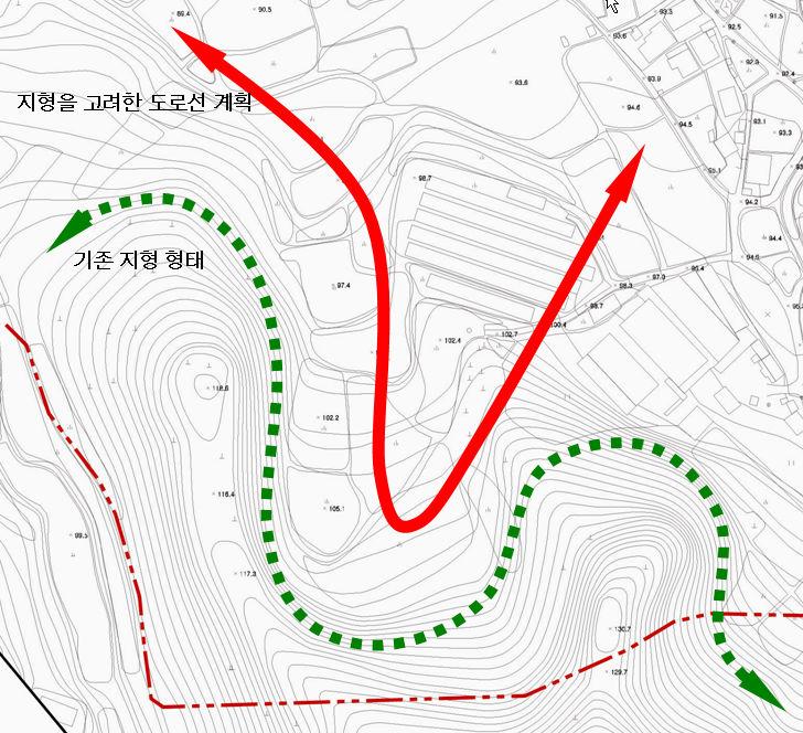 설계단계 지속가능한토지이용 지형변동률( 절 성토면적) 을최소화하는단지배치 가평군상천역세권의경우기존의개발계획안에대한절 성토분석을실시 한후지형변동률이최소인계획안을제시하였음 그림 26.