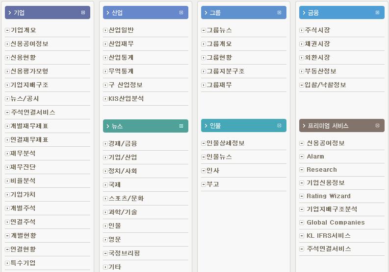 KISLINE 메뉴구성 KISLINE 서비스개요 신용평가, 리스크관리, 경제분석, 법인영업및기획분야의최고전문가들이기업, 산업, 그룹, 금융, 인물등대한민국표준지식 DB 를편리하게검색하여분석하고활용할수있는국내최고의명품지식포탈서비스입니다 기업및산업분석최적솔루션 상장 / 코스닥 / 외감 / 일반약 210 만사의표준재무제표제공 최장 30 년이상의시계열정보보유