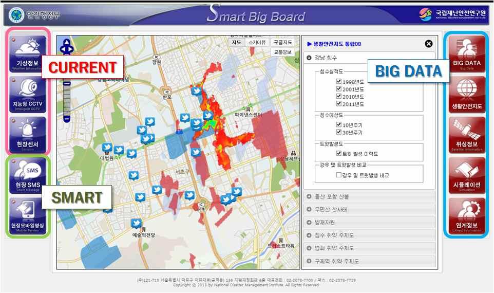 < 그림 5> 스마트재난빅보드메인화면 가. 기존정보의연계스마트재난빅보드는기존재난관리유관기관에서개별적으로관리 서비스하고있는정보를연계하여하나의프레임에서표출하는기능을가지고있다. 다양한유형의재난에대해신속하게관련정보에접속하여상황판단에필요한정보를참조하고최적의상황대응의사결정을하는데도움을주는데그목적이있다.