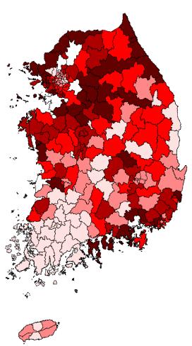 구체적인분석이불가능하다. 이에본연구에서는시군구별특성에따른자살률을분석하기위한자료를구축하였다. < 그림 2> 에서보는바와같이지역별로자살률의차이가극명하게나타나는것을알수있다. 이에본연구는지역별로노인의삶의패턴, 성격및질이비슷하며, 지역별로노인자살의원인이비슷하다는가정하에시작된다.