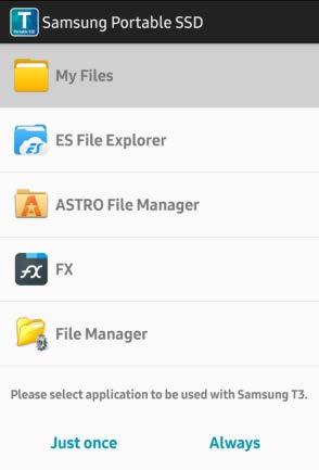 이름까지변경이다되면, 사용자의편의를위해 Android 기기에서주로사용하는파일관리자를 선택하라는화면이나타납니다. 주로사용하는파일관리자를선택할경우 T3 의모바일앱과 연관된파일관리자동작시, 선택한파일관리자가나타납니다. B.