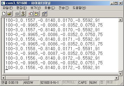 설정완료후무선센서(EBIMU24GV3) 와정상연결시아래그림과같이수신기(EBRCV24GV3) 에서 출력되는데이터를확인할수있습니다. 출력값은다음과같은의미가됩니다. 100-0, 100-3 2 개의무선센서모듈로부터데이터가수신되고있습니다. 100번채널의 0번아이디를가진무선센서의데이타 Q1 : -0.