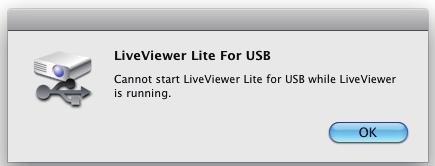프리젠테이션도구 USB 표시 (Mac 컴퓨터 ) ( 계속 ) 알림 LiveViewer ( 네트워크가이드참조 ) 와이응용프로그램을동시에사용할수없습니다. LiveViewer 가실행되고있는동안 USB 케이블을사용하여프로젝터에컴퓨터를연결하면다음메시지가표시됩니다.