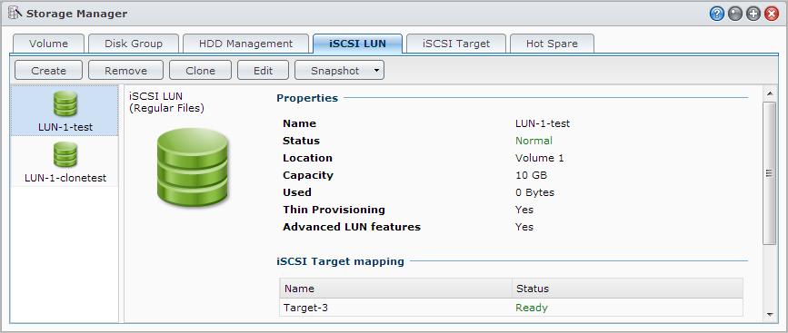 iscsi Target 관리 Synology DiskStation 에서 iscsi Targets 을관리하려면메인메뉴 > 저장소관리자로이동하고 iscsi Target 탭을클릭합니다. 지원되는최대 iscsi Target 의수는 DiskStation 모델에따라다릅니다. 자세한내용은 "iscsi LUN 관리 " 를참조하십시오.