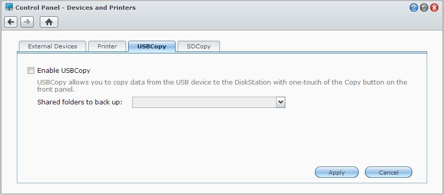 Synology DiskStation 사용자가이드 USB 장치또는 SD 카드에서데이터백업 메인메뉴 > 제어판 > 장치및프린터로이동하여 USBCopy 또는 SDCopy 에사용할공유폴더를지정한다음, DiskStation