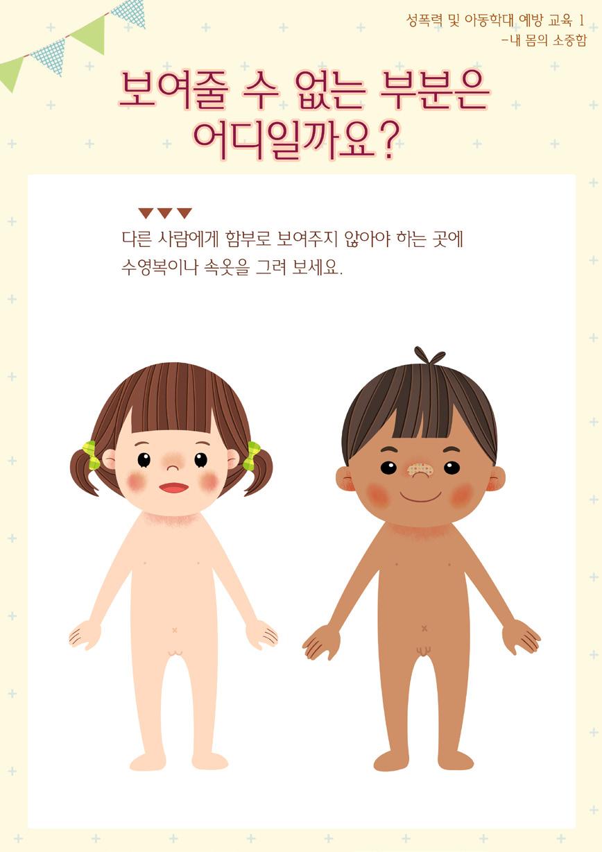 5. 우리몸의중요한부분을어떻게보호할수있을지이야기나눈다. ( 속옷을입어야함을알려준다.) 활동의유의점 신체부위중성기를지칭할때교사가부끄러워하거나난처해하지말아야하며, 정확한명칭을 사용한다. 활동평가 내몸의정확한명칭을알고있는지평가한다. - 내몸각부분의명칭을정확히알고있는가?