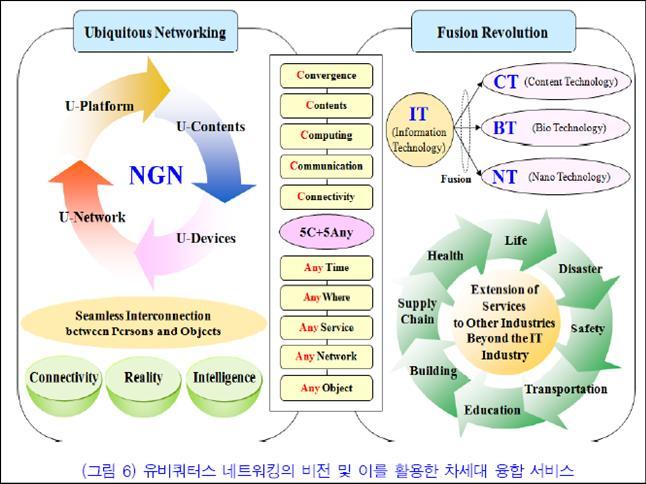 5. 유비쿼터스네트워크의비전 인간과사물을끊김없이연결시켜줄수있는네트워크능력을이용하여 IT 에 BT, NT, CT