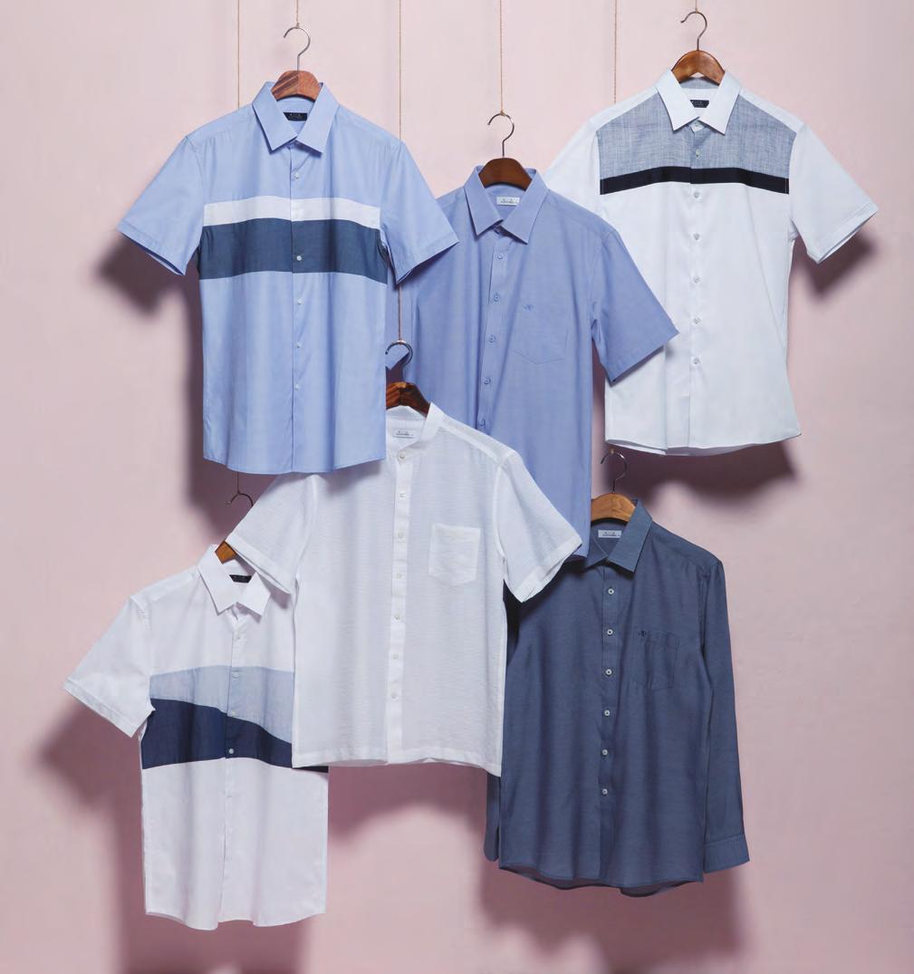 SUMMER SHIRTS COLLECTION 더운여름철에도스타일을포기할수없다면다른액세서리없이도스타일이살아나는셔츠를활용할것. 1 1 4 6 5 5 6 4 FOR DANDY GUY 1 화이트와다크그린컬러라이닝을더해시원한분위기를극대화한블루셔츠.