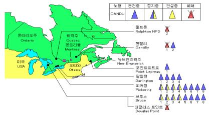 Ⅴ. 캐나다 1. 캐나다의원자력발전일반현황 캐나다의원자력발전소운영현황 - 2004년현재캐나다 5개도시에서총 22기의원자력발전기를운영중에있으며, 현재가동중인 14기의원자력발전기에서얻는전력량은약 944억kwh에이르고있음.