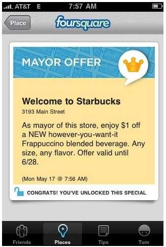 포스퀘어 (Foursquare) 사례 2010 년 5 월스타벅스 (Starbucks) 매장을빈번하게드나드는고객에게시장 (Mayor) 을제안 고객에게프라푸치노 (Frappucino) 에대해