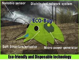 Nano-Bio 기술기반신개념대기, 수질, 토양오염물질의측정및제거기술 생체구조및운동방법을모방하는 ECO-Bug의몸체와구동및제어시스템구축의기반이될 Soft Mechatronics 기술의개념을확립하고관련기술 탑재형초소형에너지발생장치기술 분산형센서네트워크통신시스템기술 제안하는융합기술의중요성 ECO-Bug 의특성 오염형태의특징은 1) 광범위한영역에존재하며 2)