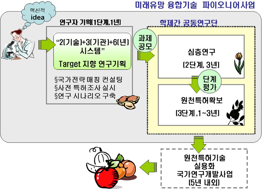 제 3 장사업개념및특징 신기술간융합, 다학제간융합을통해원천기술을개발하여향후 10~15년내외에새로운시장을창출하고선점하는사업임 - Target 지향형고부가가치원천기술개발 - 도입기분야의융합기술개발 - Bottom-up 형태로발굴된 High-risk, High-return형핵심요소기술개발