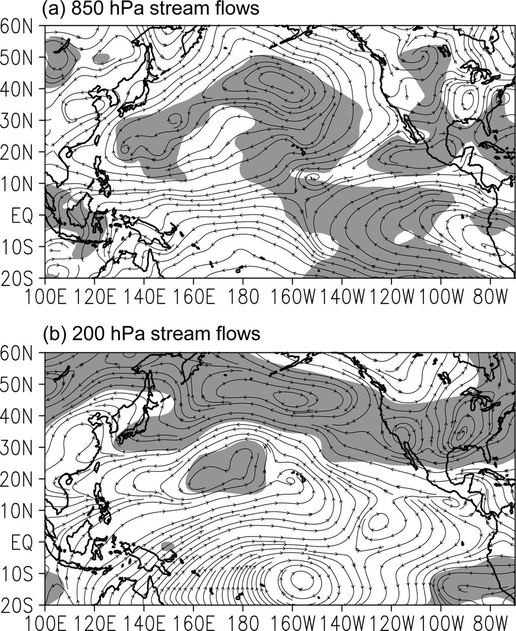 한국-중국 북부지역에서 여름 강수량의 십년간 변동 39 Fig. 4. Same as in Fig. 3, but for (a) 850 hpa and (b) 200 hpa stream flows. Shaded areas are significant at the 95% confidence level. Fig. 3. Differences in (a) outgoing longwave radiation (OLR), (b) total cloud cover, and (c) precipitation between 1998-2012 and 1981-1997.