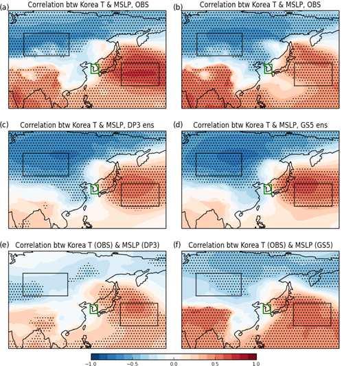 그림 5. 한반도겨울기온과평균해수면기압사이의상관장을보여준다.