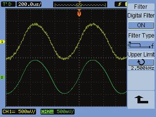 Segment 1000 파형디지털필터링 Segment 1 Segment 2 선택한실시간디지털필터를입력소스파형에적용하여디스플레이에서원치않는주파수를제거합니다. 디지털필터링항목으로저역통과, 고역통과, 대역통과및대역제거디지털필터가있습니다. 주파수제한은 250 Hz 와오실로스코프의전체대역폭사이에서선택할수있습니다.