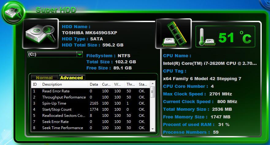 슈퍼 HDD : 11 한국어슈퍼 HDD 는 HDD 의건강상태그리고 CPU 와 RAM 의정보를보여줍니다.