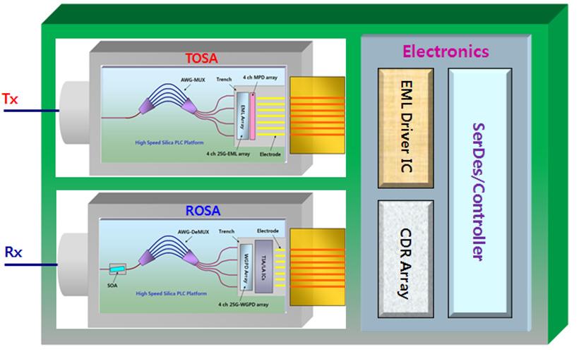 (ROSA: Receiver Optical Sub-Assembly) 로구성되어있다.[30] 그리고레이저들을구동하기위한드라이버 IC와수신부데이터를복원하기위한 CDR(Clock and Data Recovery) 어레이, SerDes, 제어용 MCU, FPGA 등전자소자가트랜시버에포함된다.