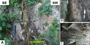 폭은약 30cm 이며약 1cm 이내폭의단층비지대발달. 자세는 N59 E/88 NW 로우수향주향이동의운동감각이확인됨. o 그림및사진 : 그림 2.20.12 MR-5 단층의노두 (A) 와단층비지 (B) 그리고단층조선 (C) 사진 o 단층정보요약 : 표 2.20.6 MR-5 지점단층정보 단층명 지형도폭명 행정구역 좌표 주향 / 경사 단층조선 (P/T) 단층형태 길이변위평균변위률 MR-5 밀양 경상남도양산시원동면영포리 N35 24'58.