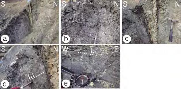 2.21.4 산북리다사터널동측입구지점 o 위치 : 경남의령군칠곡면산북리다사터널동쪽입구 o 좌표 : N35 21'37.47", E128 05'17.92" o 단층기술 : 경남의령군칠곡면산북리다사터널동쪽입구공사장절개면에서동-서내지는서북서방향의단층대가확인되었다 ( 그림 2.21.9). 단층파쇄대는폭수 m를보이며, 동-서내지는서북서방향의주향을보인다.