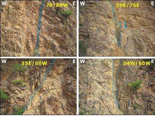 은좌수향으로동쪽지괴가하강한사교이동단층 (oblique slip fault) 이다. 삼척시장태리노두에서는화강암질편마암의단층파쇄대가발달하고있는장경수 mm 약 10cm 내외의단층각력암으로구성된다. 단층가우지는없으며절리밀도가매우조밀한파쇄대이다 ( 그림 2.28.1). 단층주향은 N35 E 경사는 90 의고각으로경사하고있다.