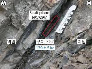 단층면의방향은 NS/60 W 이며, 단층비지대가약 0.5 4cm 폭을가지고발달되어있다. 상반은담회색의역암이고, 하반은암회색의이암으로이루어진단층이다.