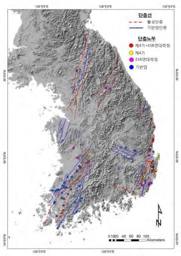 그림 4.1.7 단층노두위치도 그림 4.1.8 조사대상단층분포 표 4.1.5 단층노두목록, 2012 년 5 월기준 번호 단층노두명 소재지 경도 위도 단층형 1 진현1 경북경주시진현동 129 19 54.58 35 46 58.64 제4 기 2 진현2 경북경주시진현동 129 19 54.88 35 46 58.