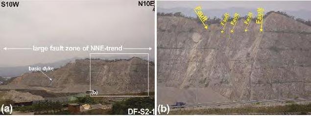 o 단층기술 : DF-S2 노두의건너편사면으로안산암질화산쇄설암및응회암이노출된대규모단층파쇄대노두이며수조의단층들이발달하고있으며, 주단층의방향은 N20-30 E/75~80 NW이다. 단층대폭은약 12m로단층대내에는소규모의단층들이밀집되어발달한다.