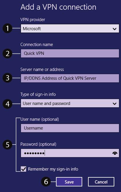 VPN 연결추가 1 Microsoft를 VPN 공급자로선택합니다. 2 VPN 연결의이름을입력합니다.
