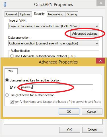 VPN 설치 ( 계속 ) 고급설정을클릭합니다. 여기서인증에미리공유한키사용에체크한후 PSK 키를입력합니다.