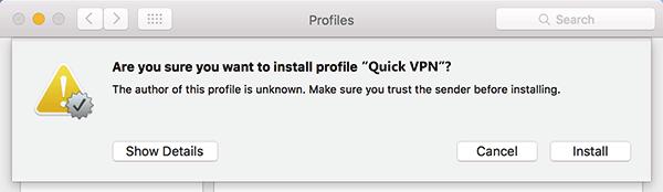 맥 OS X VPN 설치 여기서는프로파일내보내기기능을사용해서 OSX 용 Quick VPN
