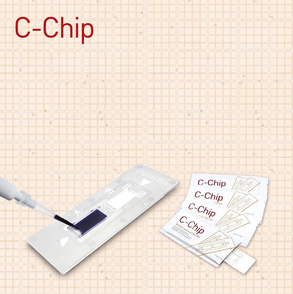 랩온어칩기술을이용한첫번째제품 C-chip은랩온어칩기술을이용한첫번째제품으로기존의유리로되어있는수동세포계수기를플라스틱소재를사용하여제작한일회용세포계수칩입니다. 인증현황 시스템 : ISO13485, ISO9001 제품 : CE( 유럽 ) 대다수의세포실험을하는연구소및전염성시료를사용하는병 의원등에서다양하게사용됩니다.