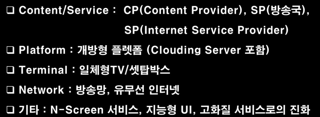 Smart TV 기술동향 Smart TV Content/Service : CP(Content Provider), SP( 방송국 ), SP(Internet Service Provider) Platform