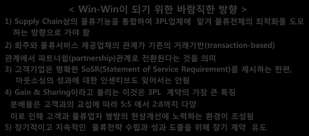 6. 성공조건 < Win-Win 이되기위한바람직한방향 > 1) Supply Chain상의물류기능을통합하여 3PL업체에맡겨물류전체의최적화를도모하는방향으로가야함 2) 화주와물류서비스제공업체의관계가기존의거래기반