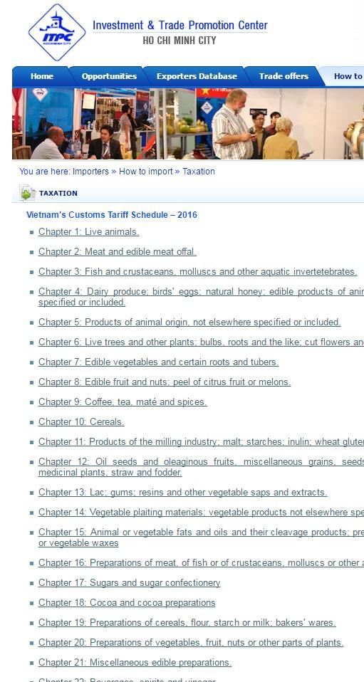 Ⅲ. 관세율제도 51 관세청온라인조회서비스는베트남어와영어로제공되며, 해당품목의 HS코드를입력하면적용되는세율, 해당시행령, 관세율변동내역을확인할수있음 호치민투자진흥청 (Investment and Trade Promotion