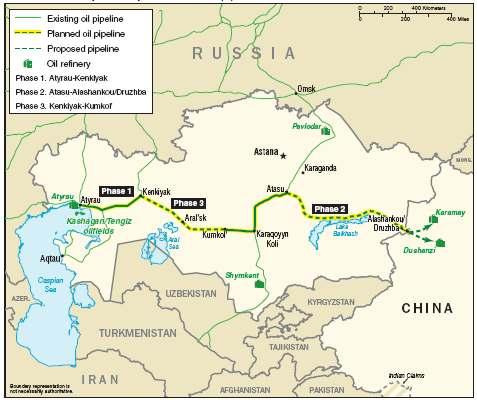 자산전체인수예정 중국국영석유천연가스공사 (CNPC: China National Petroleum Corporation) 는송유관건설직접투자를통해카자흐스탄원유수입 - 카스피해해안의 Atyrau-Atasu- 중국북서부신장위구르자치구의 Alashankou 를연결하는송유관마지막연결부문인 (Kenkiyak 유전-Kumkol 유전사이) 완공 길이 792 km