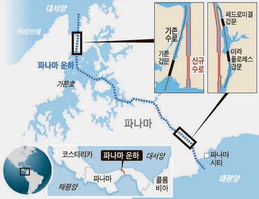 [ 그림 Ⅴ-1] 파나마운하확장사업개요 자료 : 중앙일보 (2011); 세계에너지시장인사이트 (2013 년 10 월 18 일 ) 해당공사가마무리되면운하는직선길이 427m, 폭 55m, 최대수심 18.3m 로확장되며, 폭 49m, 길이 366m의 포스트파나막스 (Post Panamax) 급선박도통행할수있도록확장하는것을목표로하고있다.
