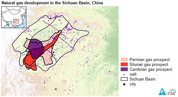 중국시추안지대의천연가스개발상황 ( 자료 : EIA) 앞서살펴보았듯이, 석탄층메탄가스생산량이더이상증가하기어려운상황이기에, 중국에서는셰일가스개발에더욱힘을쓰고있으며, 석탄층메탄가스를개발했던것과같이셰일가스도비슷한방법으로접근하고있다. 중국에서기술적으로시추할수있는셰일가스매장량은 1,115조입방피트규모인것으로나타났다.
