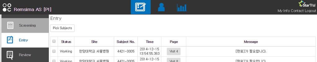 5.2. Entry Entry 메뉴는대상자의각 Visit별할일을나타낸다.