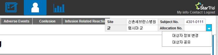 변경할이니셜을입력후 Save 를클릭하면변경이완료된다. 4.2. CRF 입력 1) 왼쪽의대상자리스트에서입력할대상자를클릭하면해당대상자의 CRF 가나타난다.