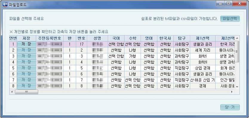 예시 ) 주민번호 :9812011234567 / 10반 / 1번 / 홍길동 / 국어선택 / 수학나형 / 영어선택 / 한국사선택 / 사회탐구선택함 ( 생활과윤리, 한국지리 ) / 제2외국어한문독일어선택함 /