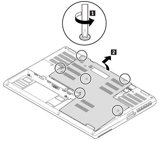 1. 컴퓨터를끄고 AC 전원과모든케이블에서분리하십시오. 2. LCD 화면을닫고, 컴퓨터를뒤집으십시오. 3. 이동식배터리를분리하십시오. " 이동식배터리교체 " 105페이지를참고하십시오. 4. 1 처럼밑면덮개를고정하고있는나사를푸십시오. 그런다음밑면덮개를제거하십시오 2. 5.