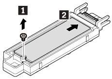 6. M.2 솔리드스테이트드라이브를고정하는나사를 1 처럼제거한다음, 그림과같이화살표 2 방향으로 M.2 솔리드스테이트드라이브를살짝미십시오. 참고 : 필름이 M.2 솔리드스테이트드라이브를가릴수도있습니다. M.2 솔리드스테이트드라이브에액세스하도록먼저필름을벗기십시오. 7. 1 처럼 M.2 솔리드스테이트드라이브를살짝눌러한쪽끝을들어올리십시오.