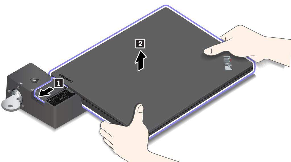 2. 그림 1 과같은방향으로래치를밀어컴퓨터를분리한다음컴퓨터양쪽을잡고컴퓨터 2 를제거하십시오. 여러대의외부디스플레이를연결하는방법에대한지침 지원되는 ThinkPad 도킹스테이션에여러외부디스플레이를연결할수있습니다. 여러디스플레이가올바르게작동하려면다음지침에따라외부디스플레이를올바른커넥터에연결해야합니다.