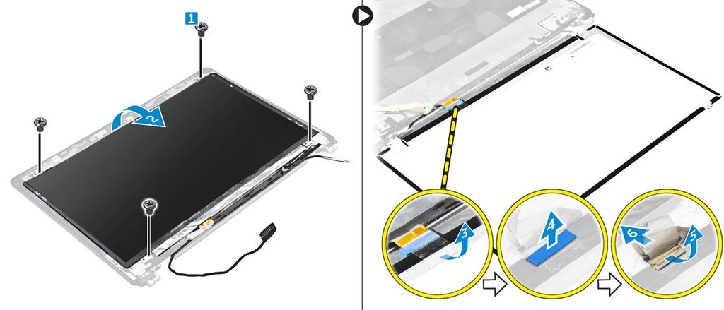 디스플레이패널설치 1. edp 케이블을커넥터에연결하고접착테이프를부착합니다. 2. 디스플레이패널을디스플레이조립품의나사구멍에맞추어놓습니다. 3. 디스플레이패널을디스플레이조립품에고정하는나사를조입니다. 4. 다음을설치합니다. a. 디스플레이조립품 b. 디스플레이베젤 c. 배터리 d. 베이스덮개 5. 시스템내부작업을마친후에의절차를따릅니다.