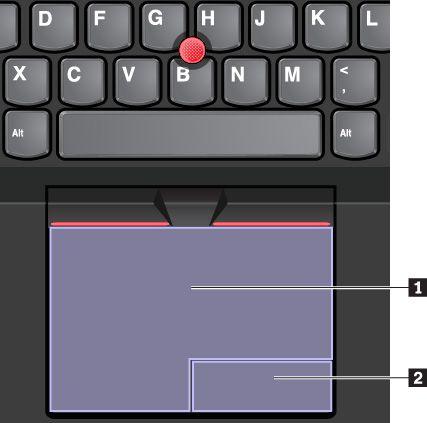 트랙패드를사용하려면다음지시사항을참고하십시오. 포인팅 트랙패드표면을한손가락으로밀면그에따라포인터가움직입니다. 왼쪽클릭 항목을선택하거나열려면왼쪽클릭영역 1 을누르십시오. 왼쪽클릭동작을수행하려면트랙패드표면을손가락으로두드리기만해도됩니다. 오른쪽클릭 단축키메뉴를표시하려면오른쪽클릭영역 2 를누르십시오.