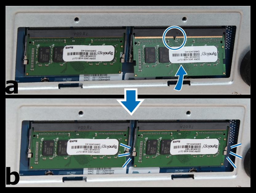 4 슬롯에새메모리모듈을삽입합니다. a 모듈금색가장자리에있는홈과메모리슬롯의홈을맞춥니다. b 카드를기울이고모듈을슬롯에삽입합니다. 모듈이제대로삽입되었는지확인합니다. c 메모리모듈을중간정도의힘으로딸깍소리가날때까지메모리슬롯에밀어넣습니다. 중요 : 모든슬롯에같은유형의메모리를사용해야합니다. 기본메모리는비 ECC SO-DIMM DDR4 이며.