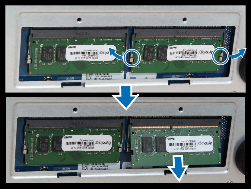 RAM 모듈제거하기 : 1 "RAM 모듈설치하기 " 섹션의 1~3 단계를따라 DiskStation 을종료하고, 케이블을분리한후하단뚜껑을제거합니다. 2 메모리모듈의양측면에있는레버를바깥쪽으로밉니다. 그러면모듈이슬롯에서해제됩니다. 3 메모리모듈의홈을잡고슬롯에서메모리모듈을제거합니다. 4 하단뚜껑을제자리에놓습니다. 1 단계에서제거했던나사를끼우고조입니다.